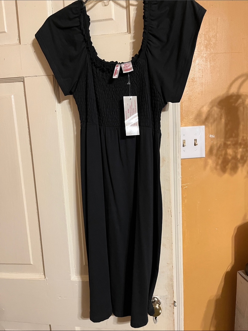 Black Smocked Waist Square-Neck Midi Dress